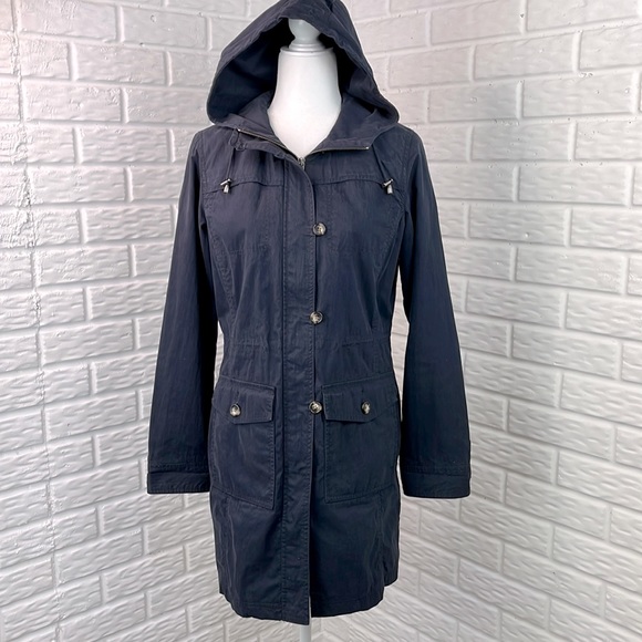 EDDIE BAUER WINDBREAKER TRENCH COAT LINED BUTTON AND ZIPPER HOODIE NAVY SZ SM - Picture 1 of 16